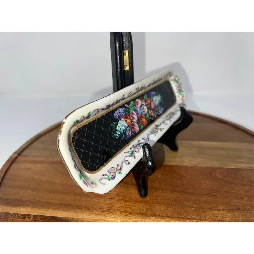 Decorative Floral Trinket Dish Vanity‎ Tray Ceramic Gold Trim